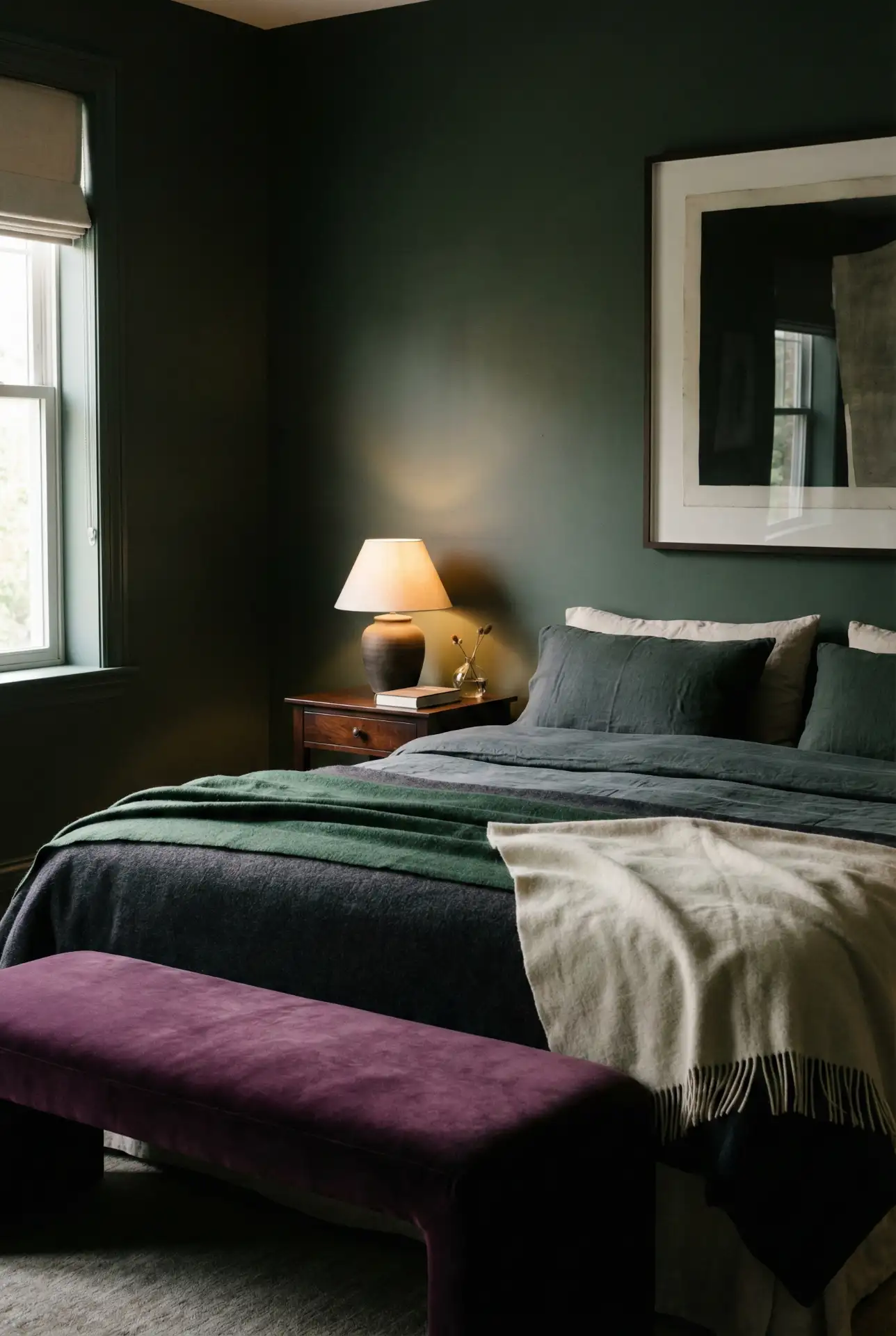 Purple And Green Moody Bedroom With Dramatic Art And Deep Contrast 1