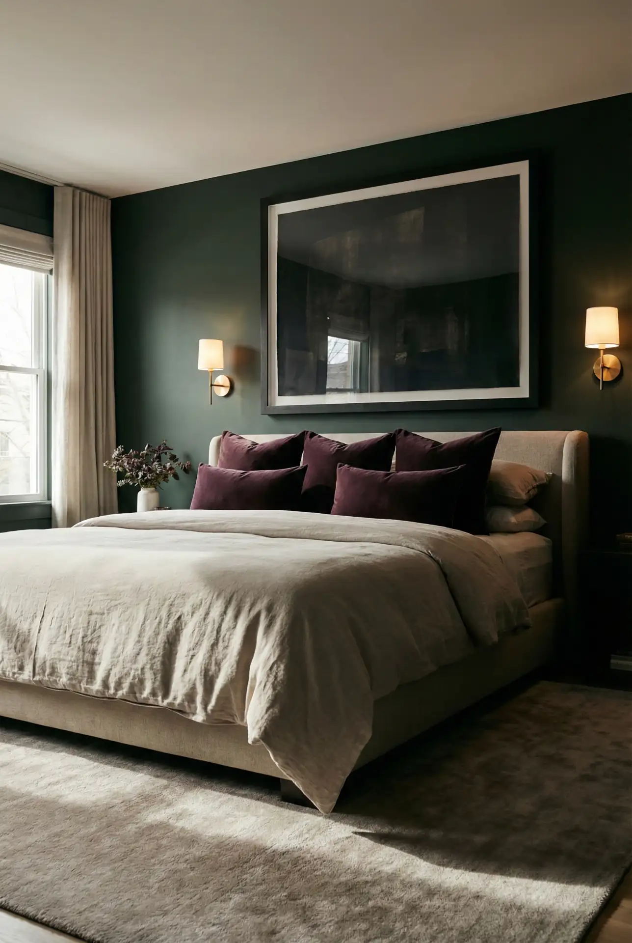 Purple And Green Moody Bedroom With Dramatic Art And Deep Contrast 2