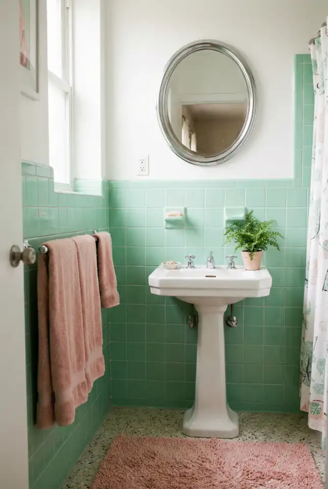 Retro Green Bathroom With Pink And Details 2