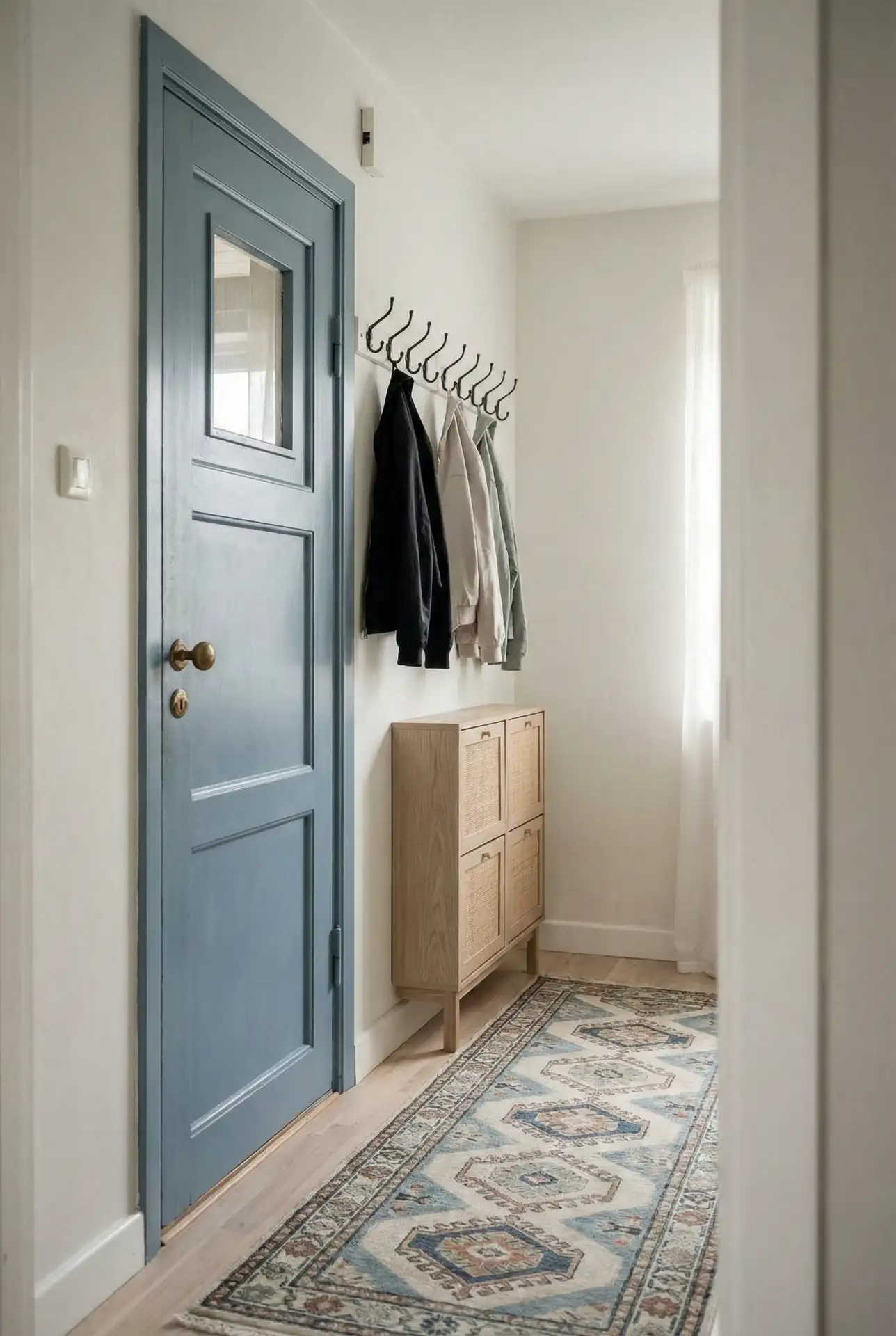 Retro Scandinavian Entryway With Bold Doors 2