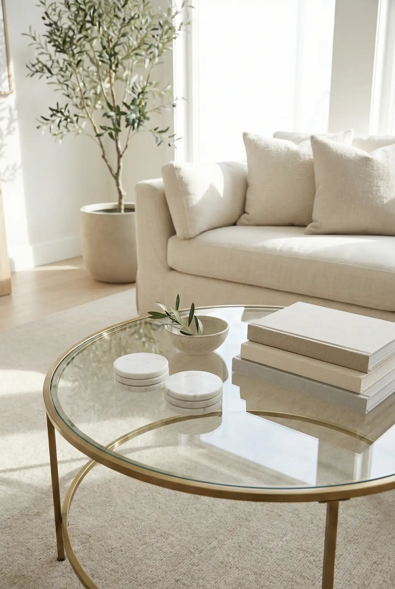 Round Glass Table with Marble Coasters and Clean Lines 2