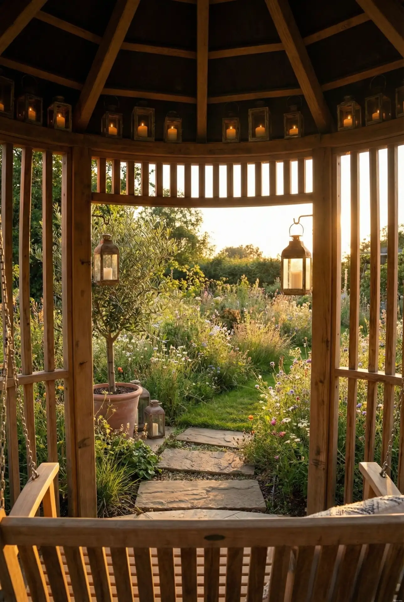 Round Rustic Pergola With A Porch-Style Swing 2