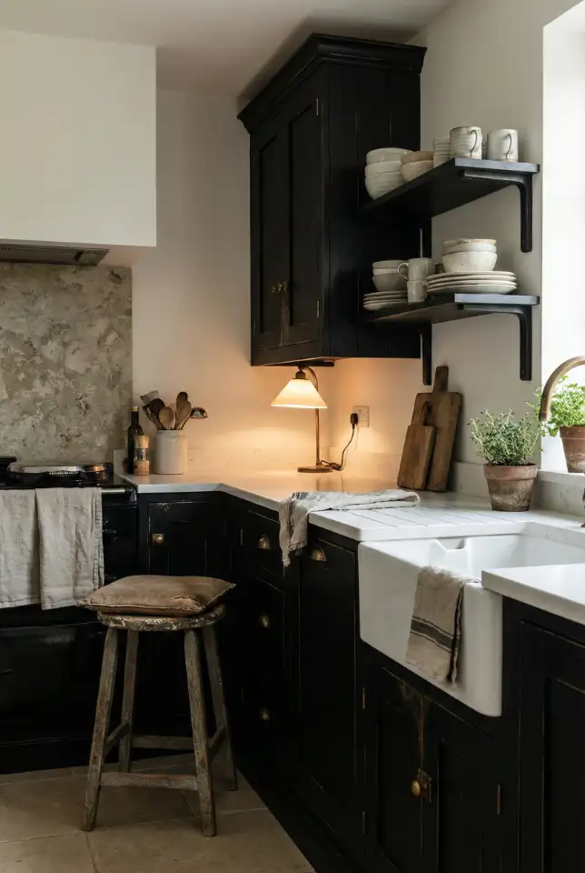 Rustic Black Cabinets With White Countertops 1