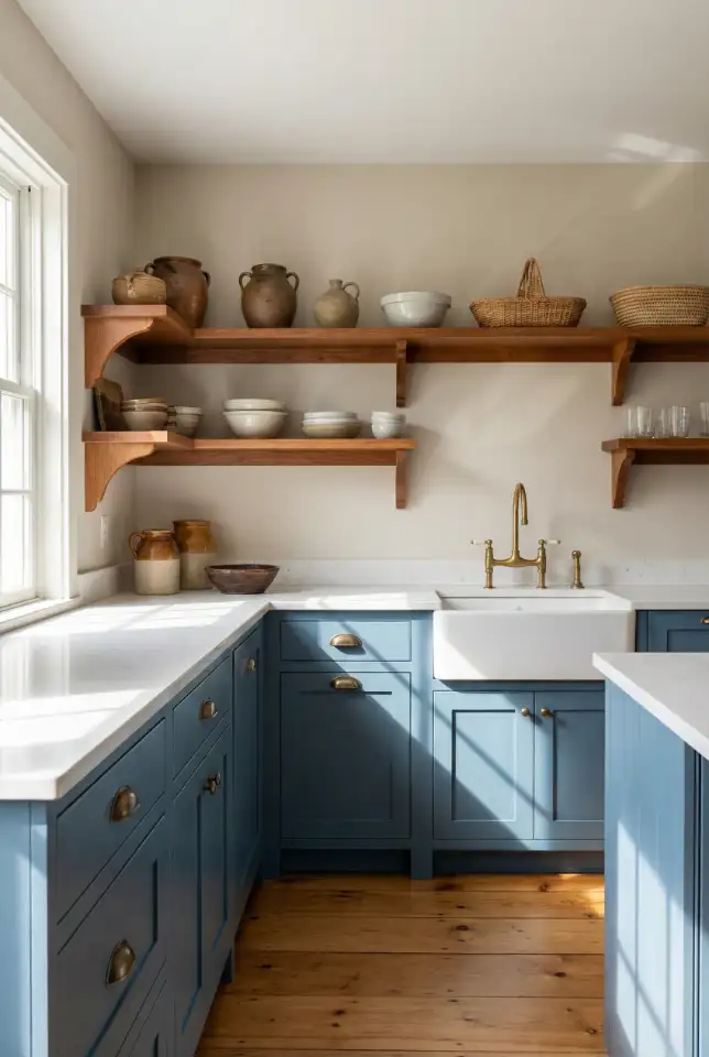 Rustic Blue Cabinet Base With White Countertops 1