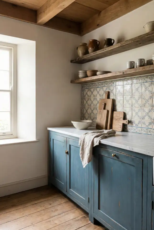 Rustic Blue Cabinet Base With White Countertops 2