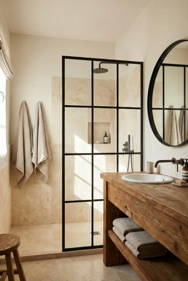 Rustic Ensuite With Wood Vanity And Soft Stone 1