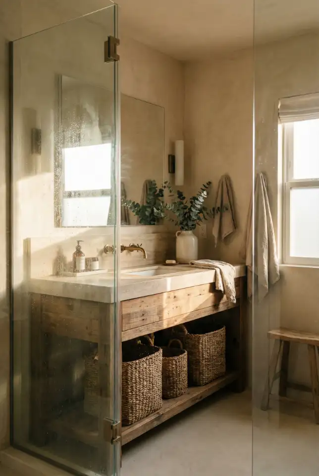 Rustic Ensuite With Wood Vanity And Soft Stone 2