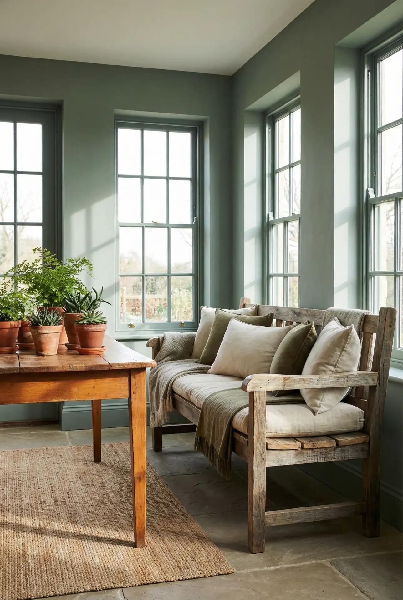 Rustic Green Sunroom With Botanical Paint 1