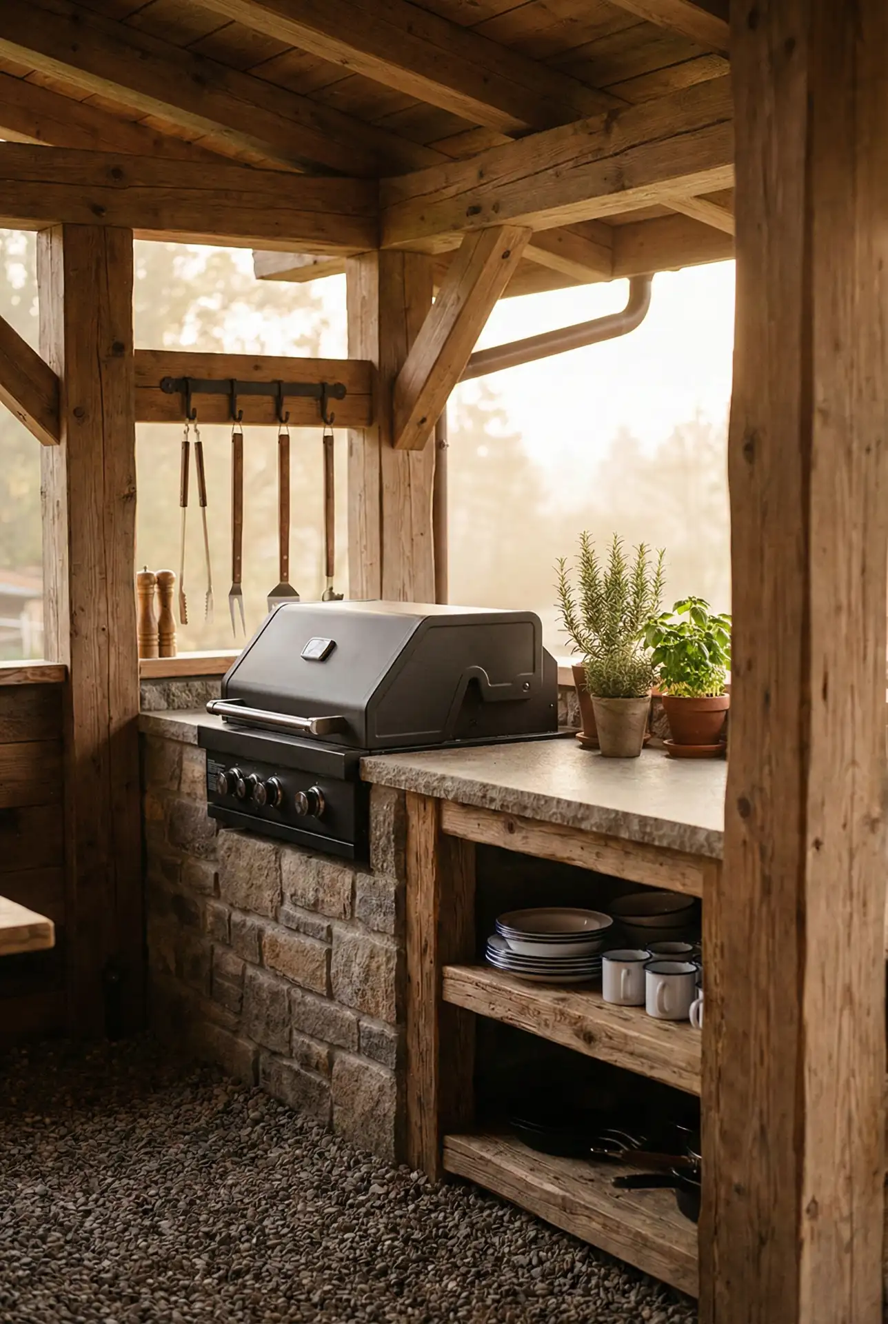 Rustic Grill Cabin With Open Shelving 1