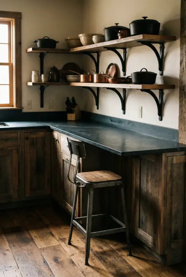 Rustic Industrial Kitchen With Dark Stone Countertops 1