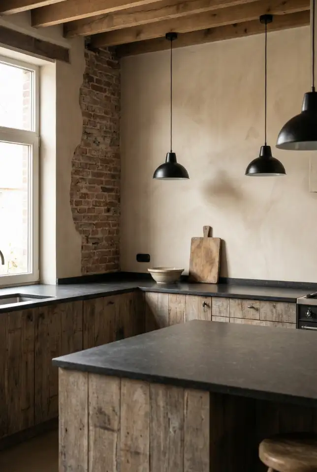 Rustic Industrial Kitchen With Dark Stone Countertops 2