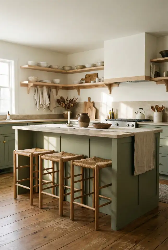 Rustic Kitchen With Green Painted Island And Cozy Seating 2