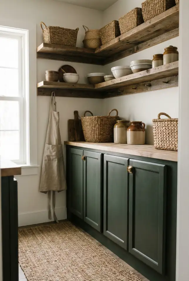 Rustic Pantry Wall With Shelves, Baskets, And Easy Access 1