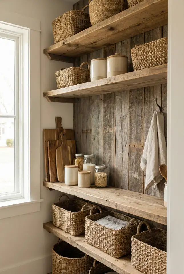 Rustic Pantry Wall With Shelves, Baskets, And Easy Access 2