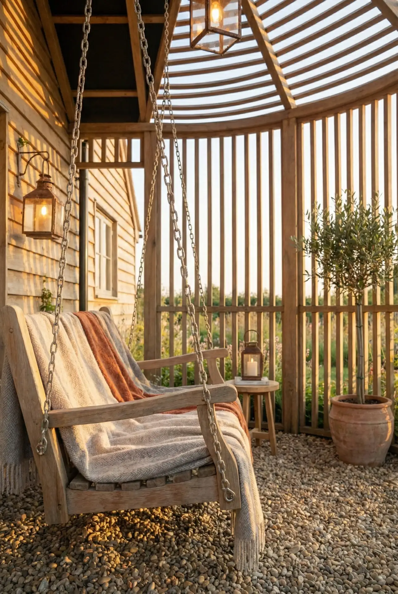 Rustic Pergola With Outdoor Swing Over A Gravel Patio 1