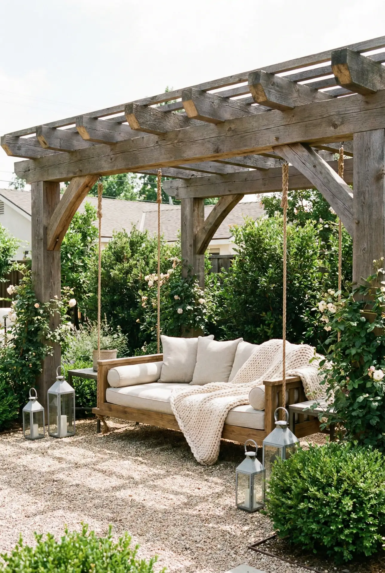 Rustic Pergola With Outdoor Swing Over A Gravel Patio 2