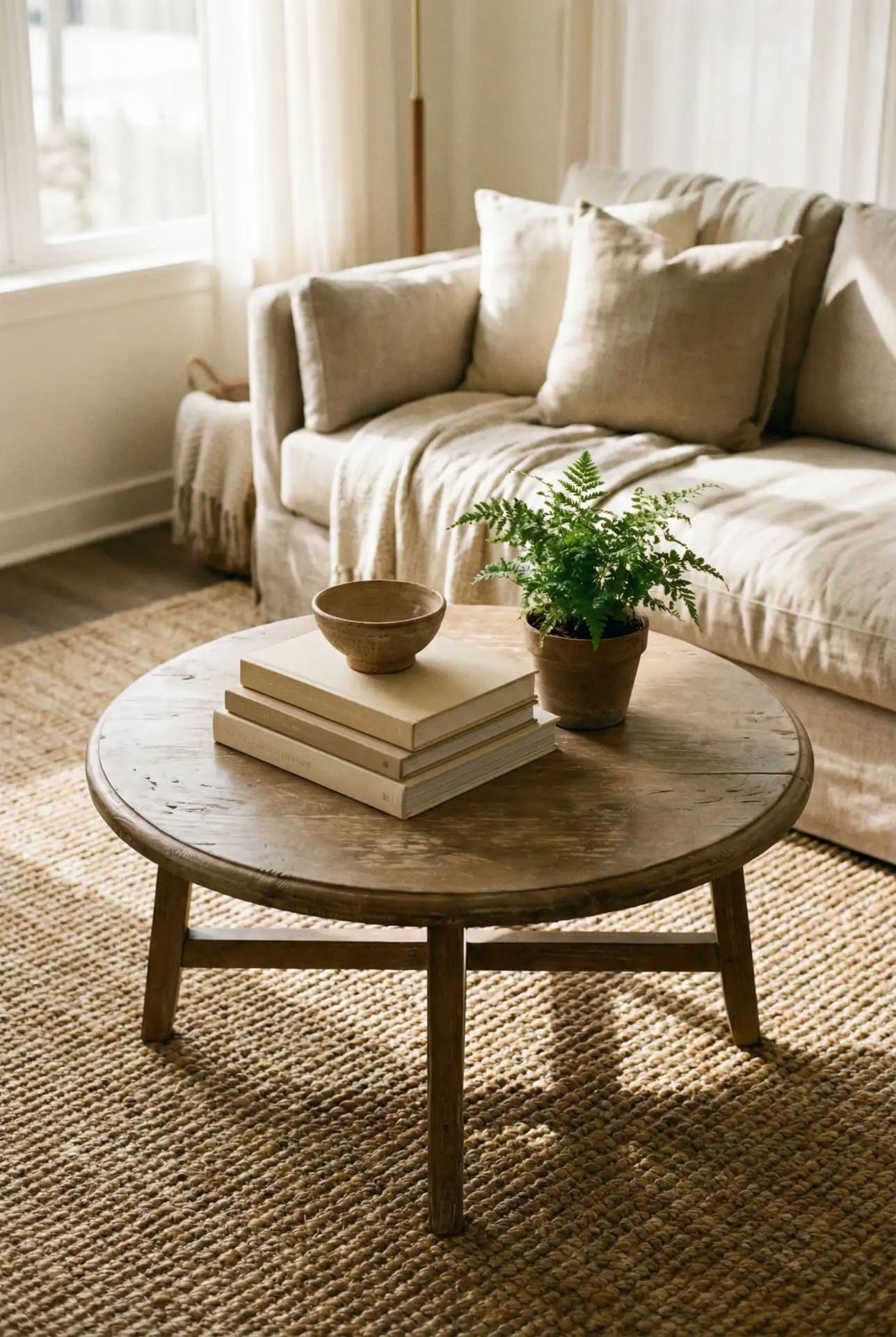 Rustic Round Wooden Table with Simple Everyday Styling 2
