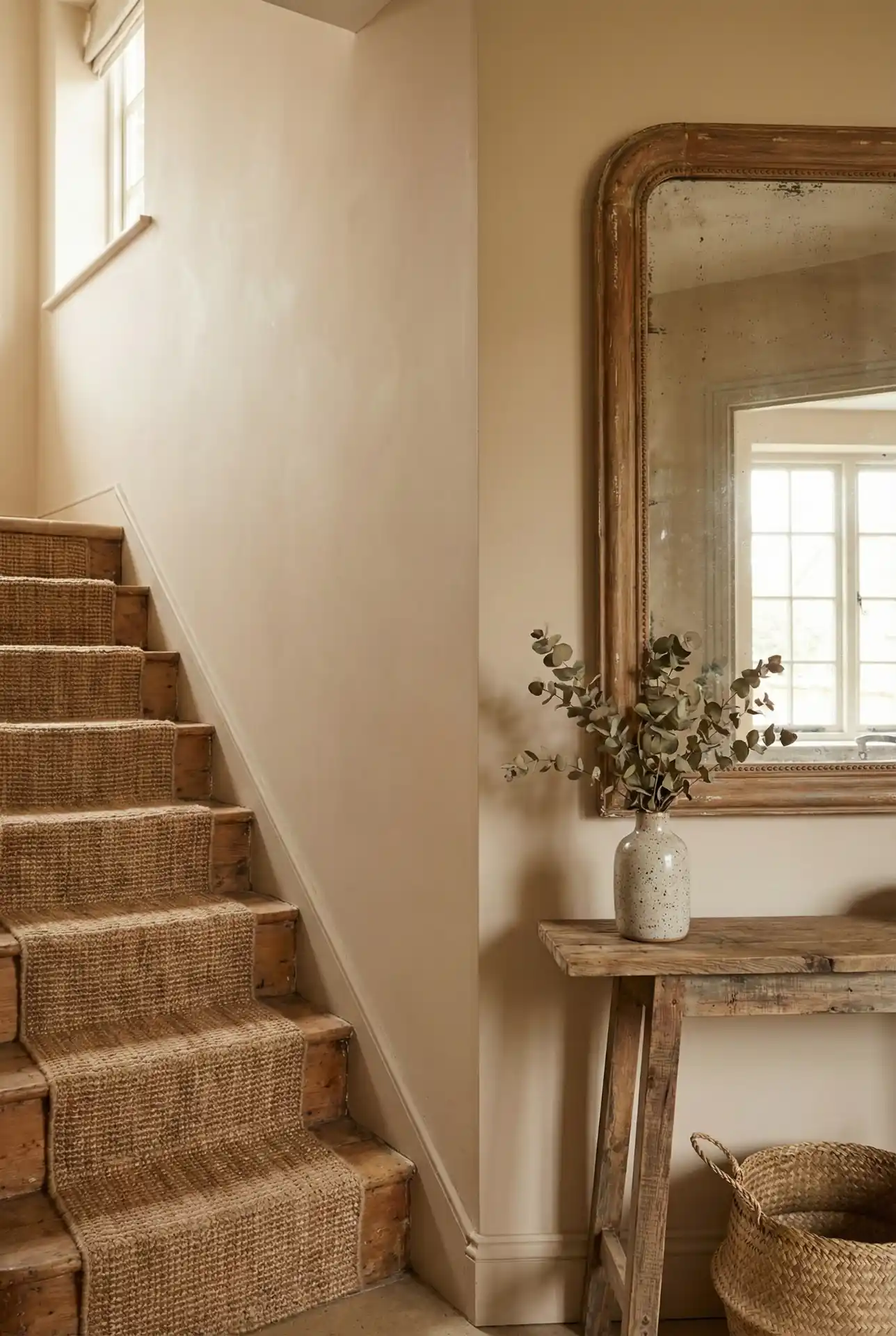 Rustic Stair Hallway With Layered Textures And Warm Wood Tones 2
