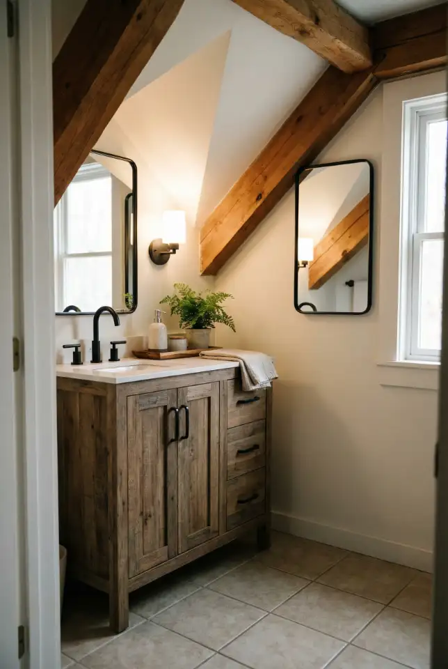 Rustic Under-Stairs Half Bath With Warm Wood and Black Fixtures 1