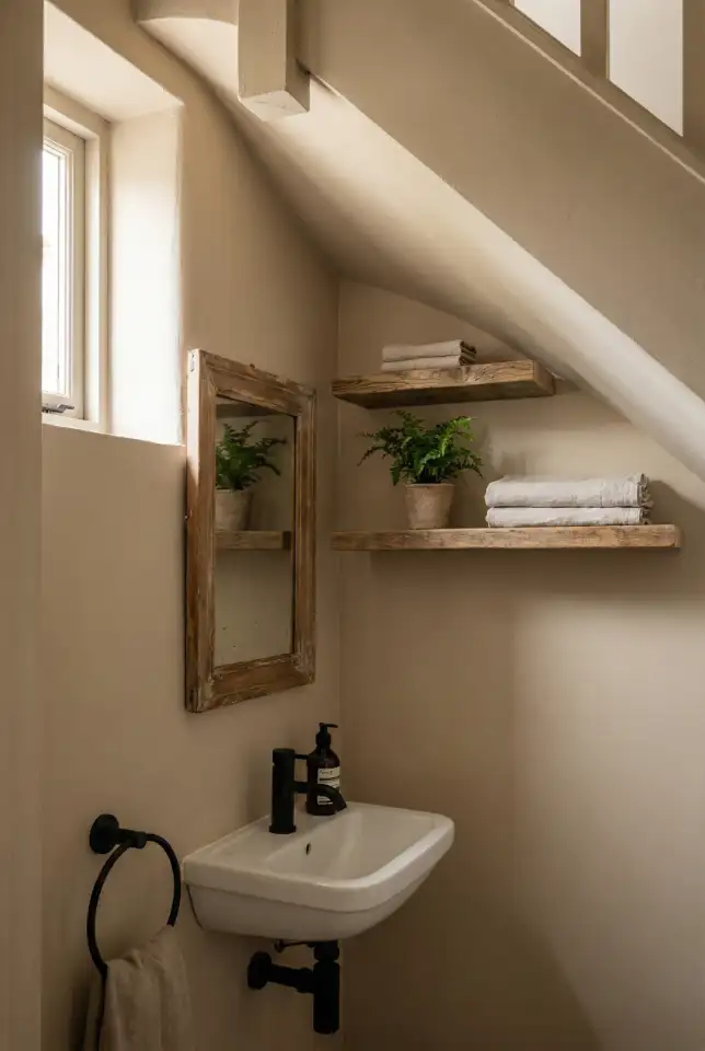 Rustic Under-Stairs Half Bath With Warm Wood and Black Fixtures 2