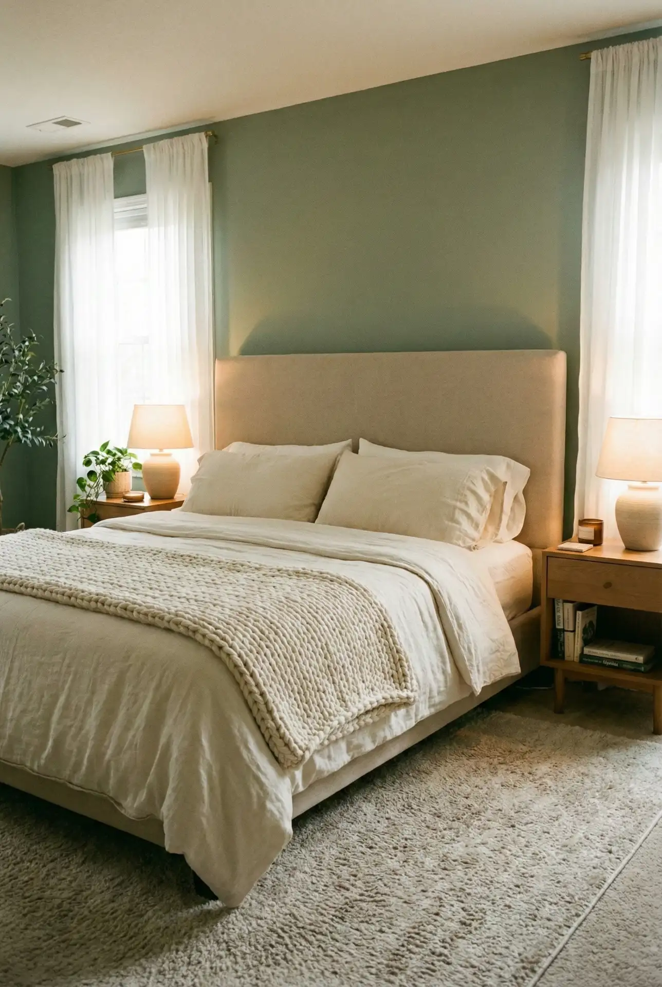 Sage And Beige Bedroom With Layered Textiles And Soft Lighting 1