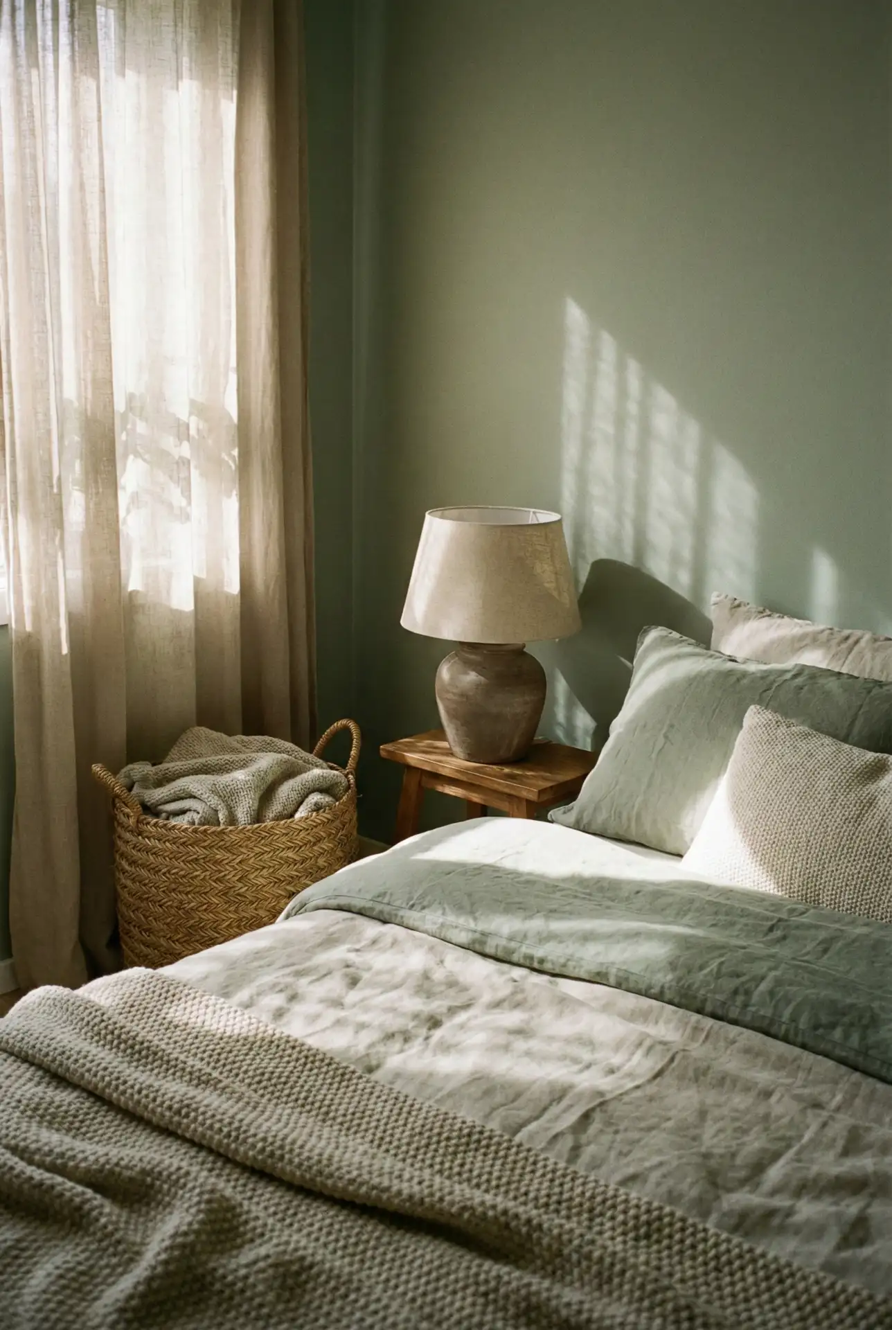 Sage And Beige Bedroom With Layered Textiles And Soft Lighting 2