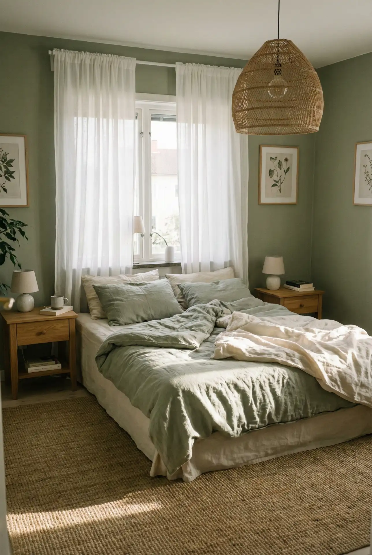 Sage Linen Bedroom With Warm Wood Accents 1