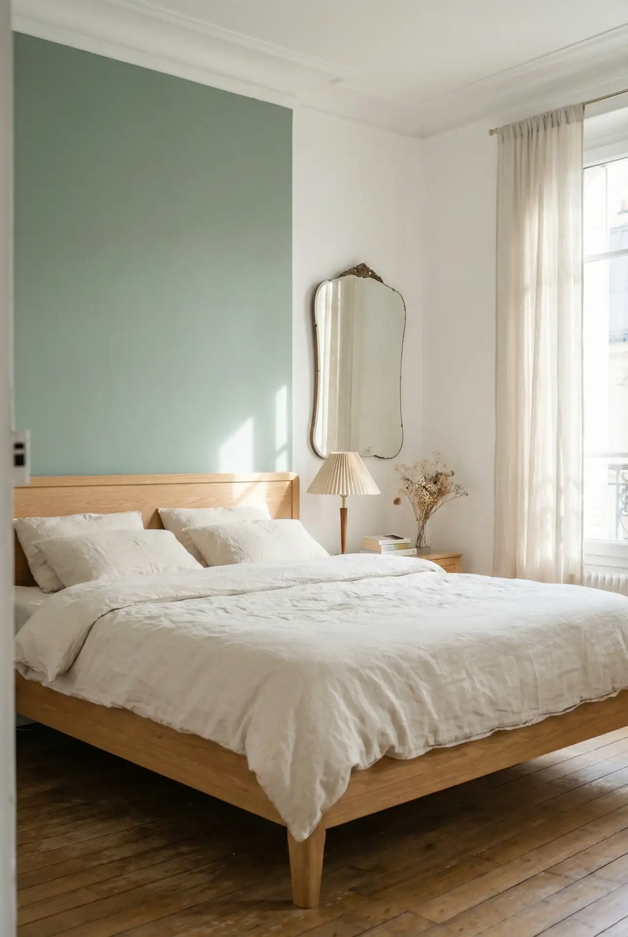 Scandinavian-French Fusion Bedroom With Green Botanical Calm 2