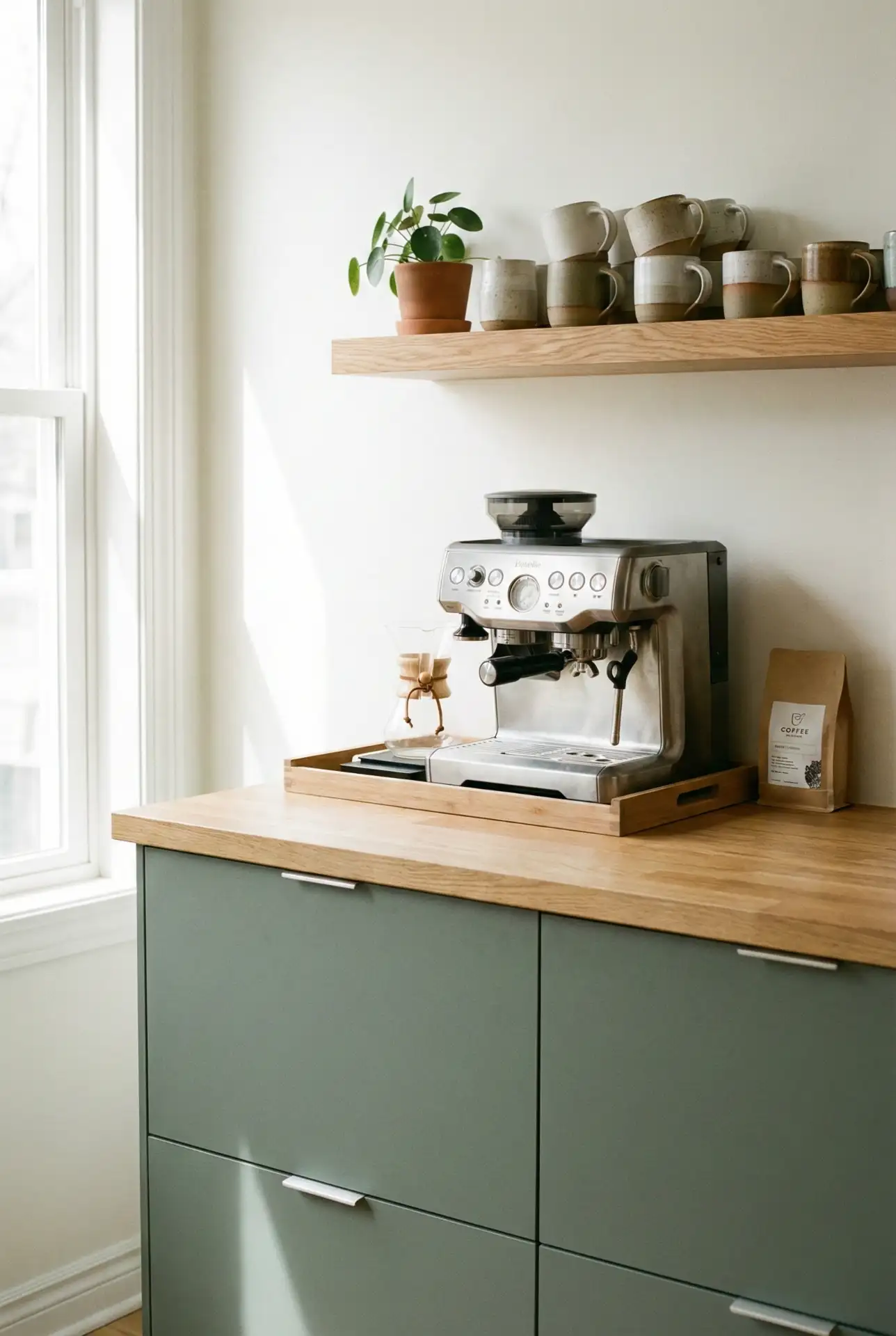 Scandinavian Kitchen With Green Coffee Bar And Cafe Corner 1