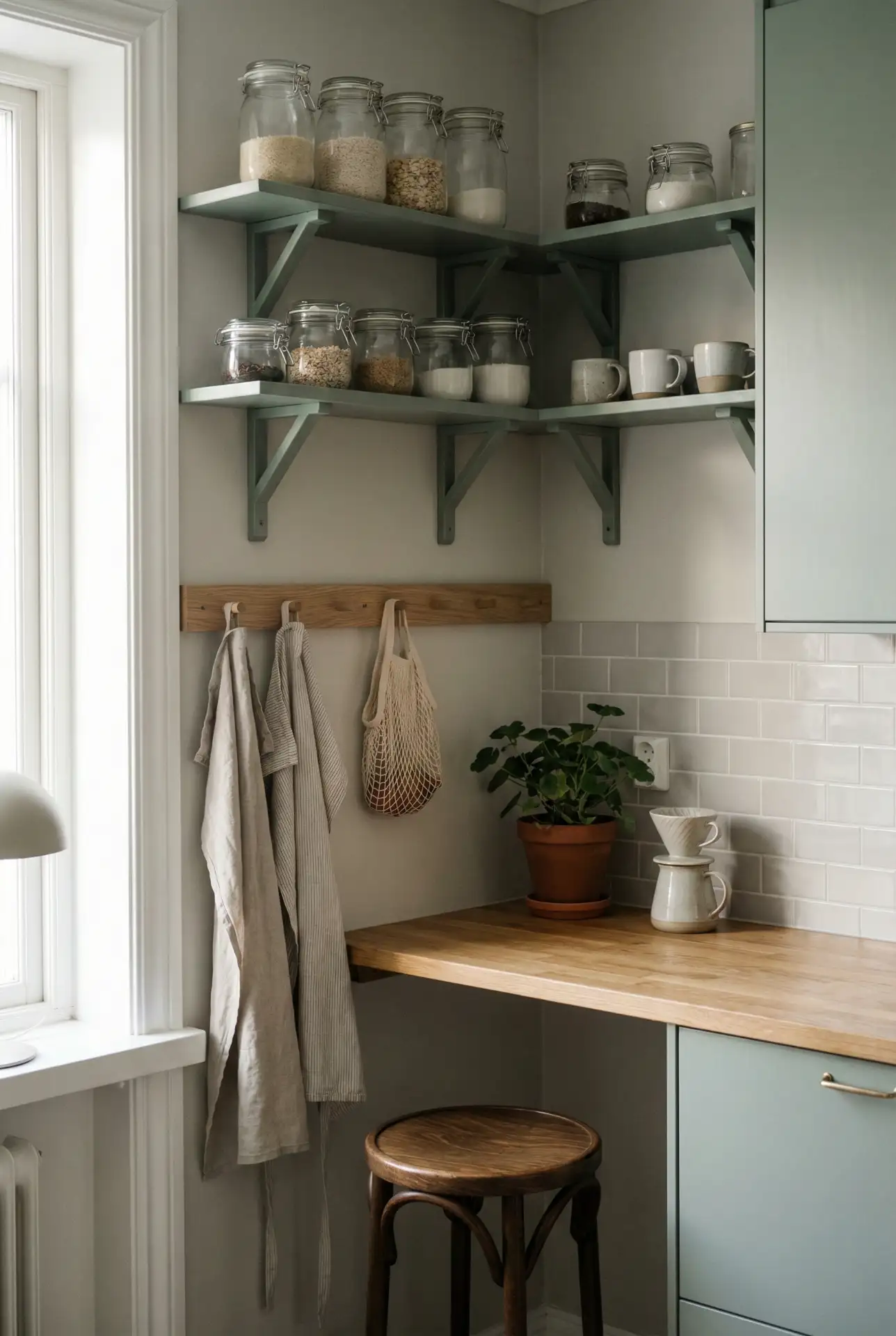 Scandinavian Kitchen With Green Coffee Bar And Cafe Corner 2