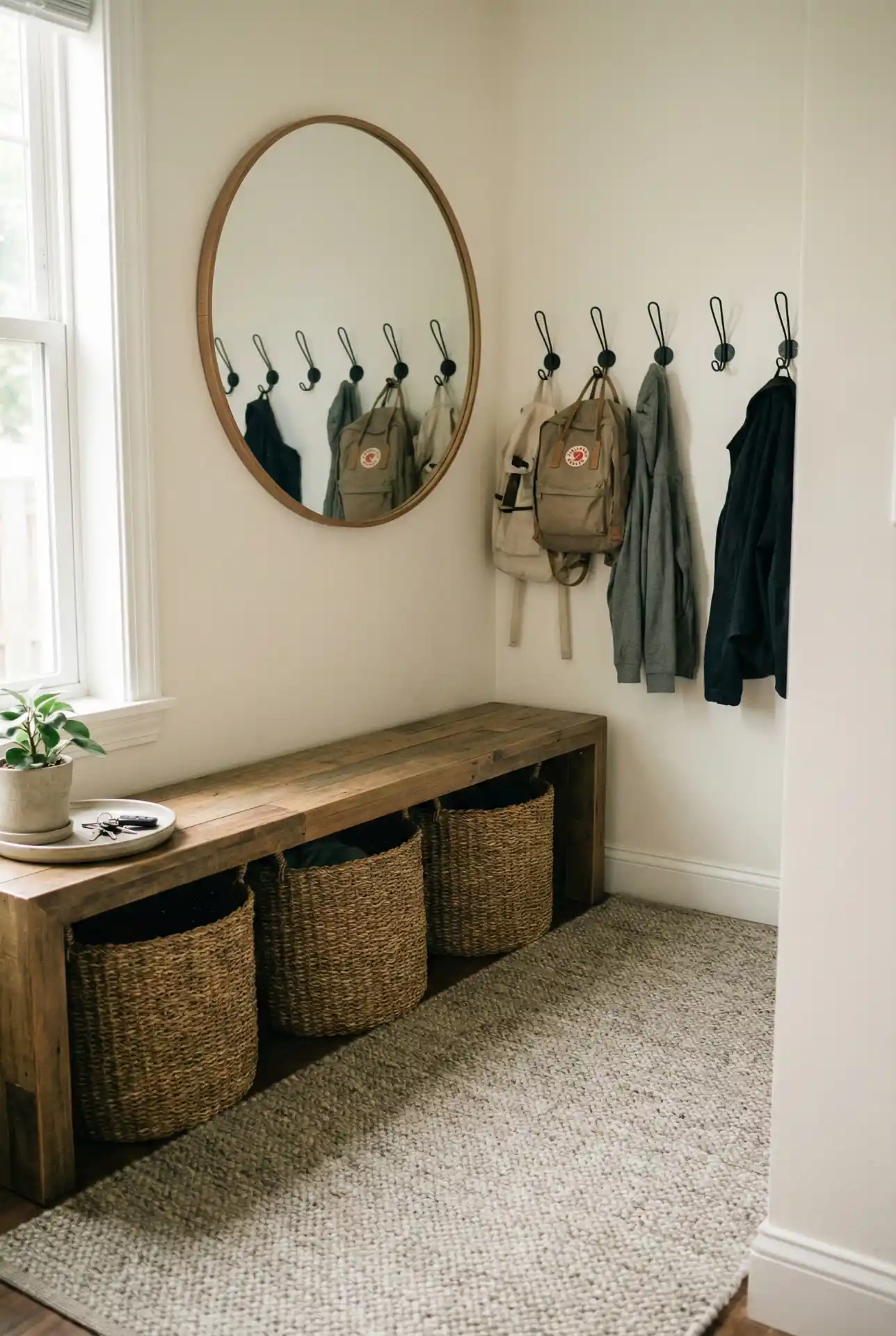 School-Morning Hallway With Bench, Basket Storage, And Calm Colour Flow 1