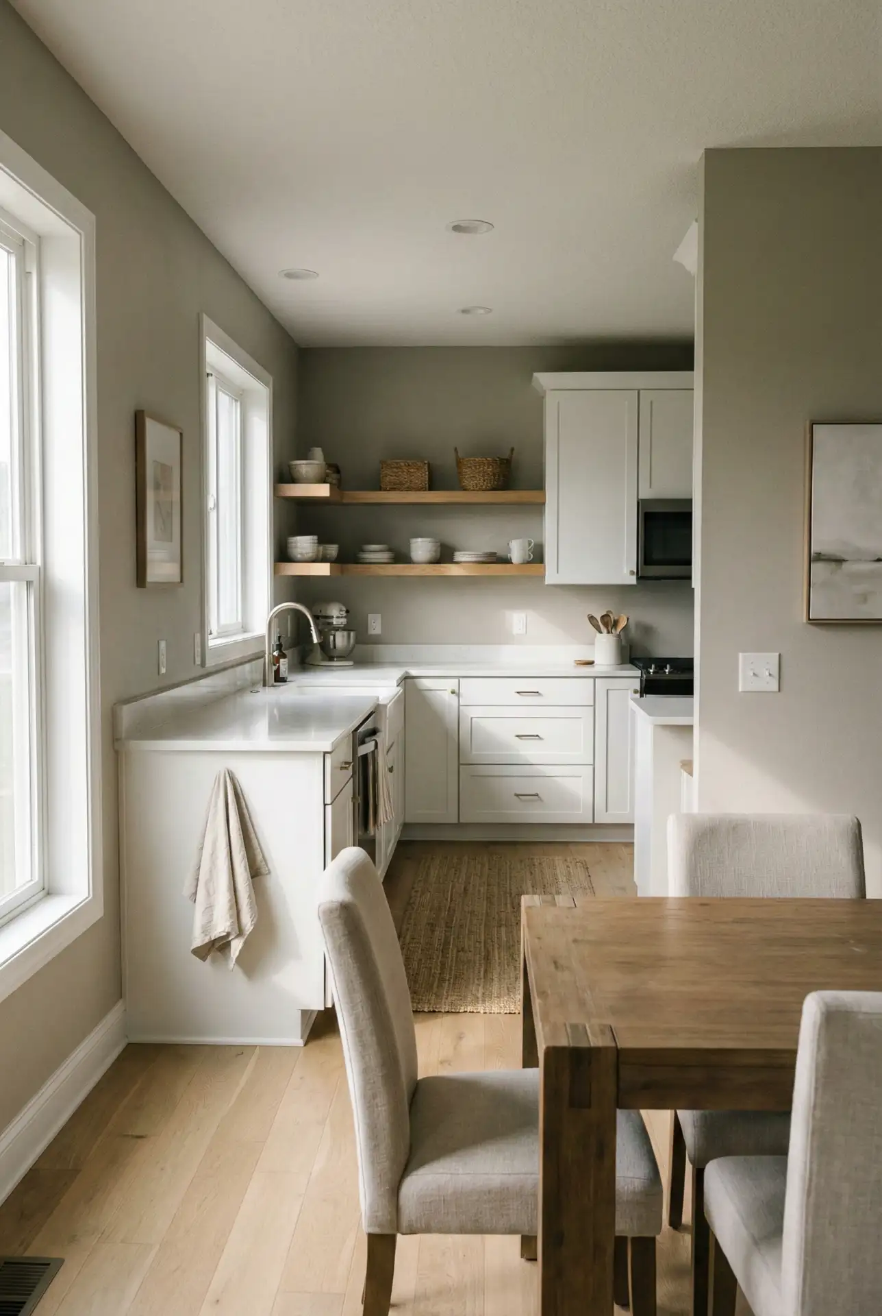 Sherwin Williams Greige for White Cabinets and Modern Calm 1