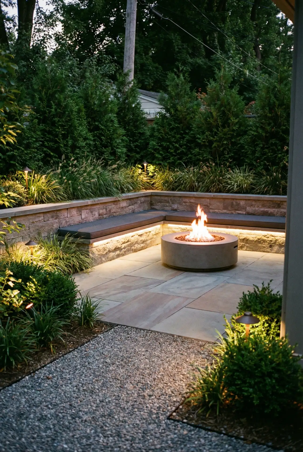Simple Stone Patio With Built-In Firepit Ideas 2