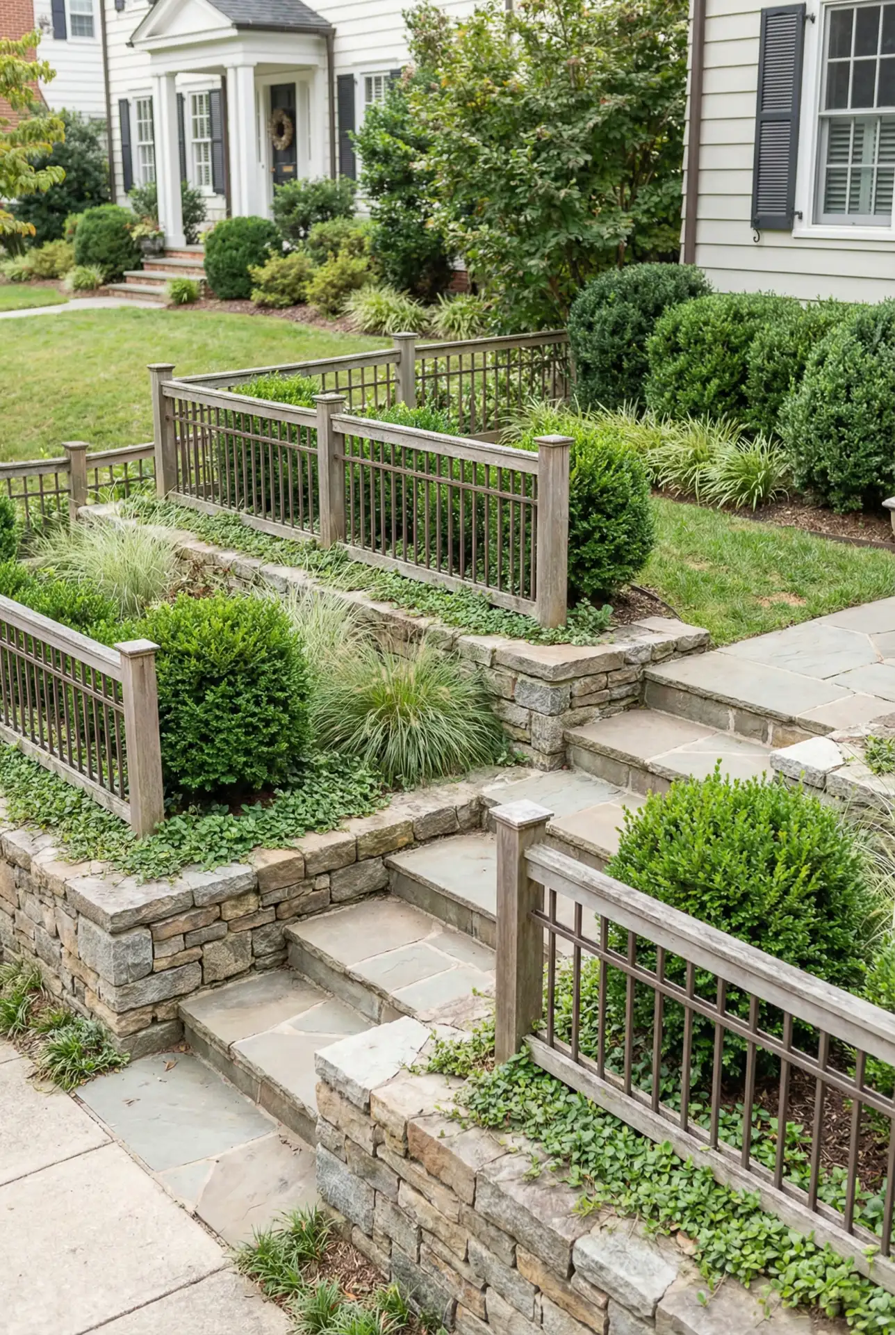 Sloped Front Yard With Short Fence Terraces 1
