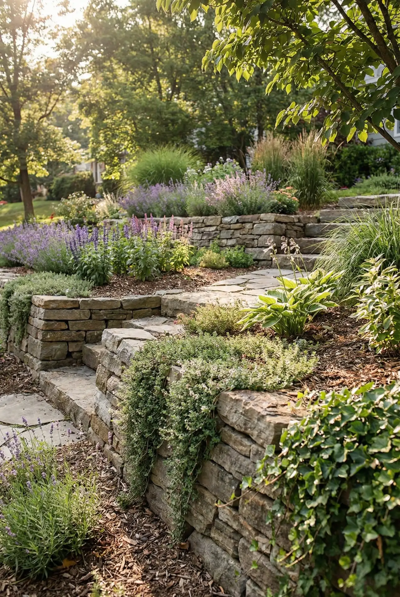 Sloped Yard With Tiered Garden Beds 2
