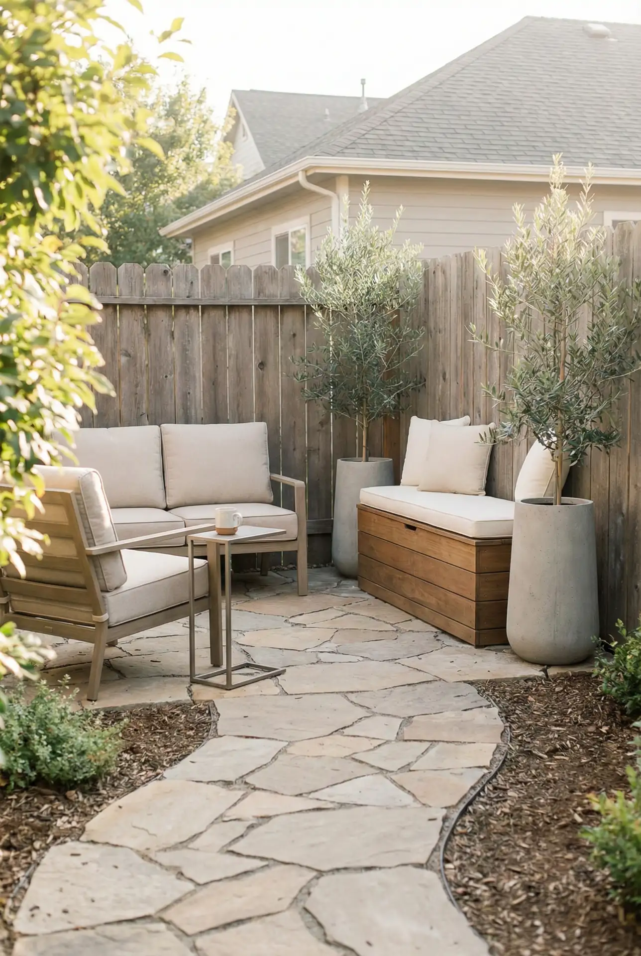 Small Backyard Patio With Paver Path And Hidden Storage Bench 2