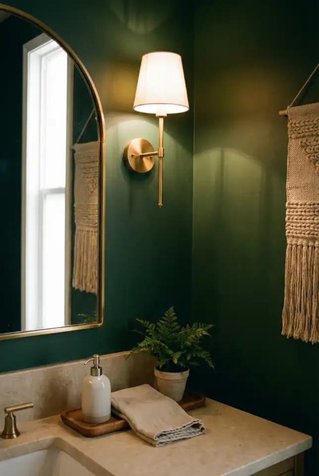 Small Dark Green Bathroom With Beige And Warm Texture 2