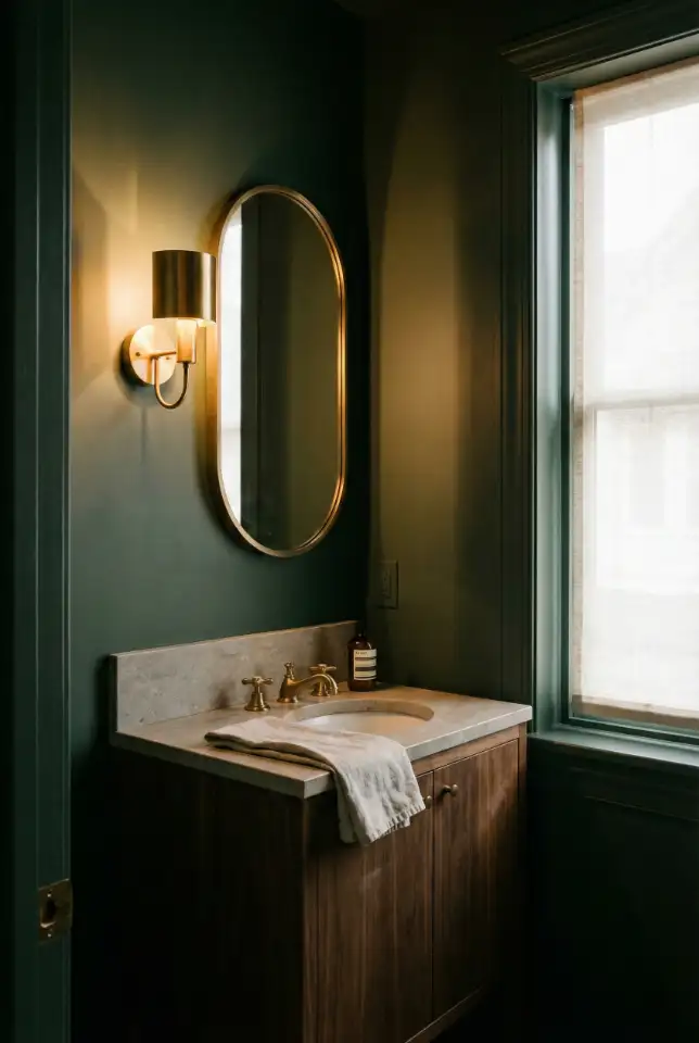 Small Dark Green Powder Room With Drama 1