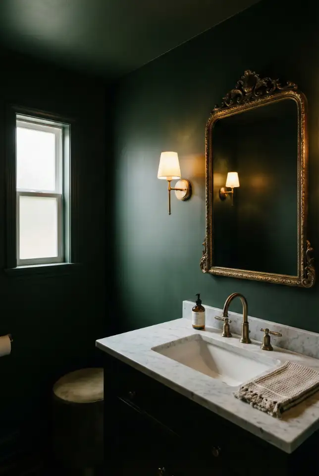 Small Dark Green Powder Room With Drama 2