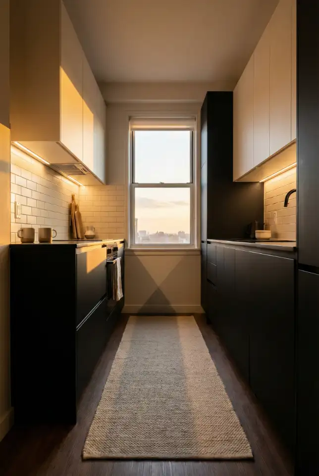 Small Kitchen Black Cabinets With Cream Balance 1