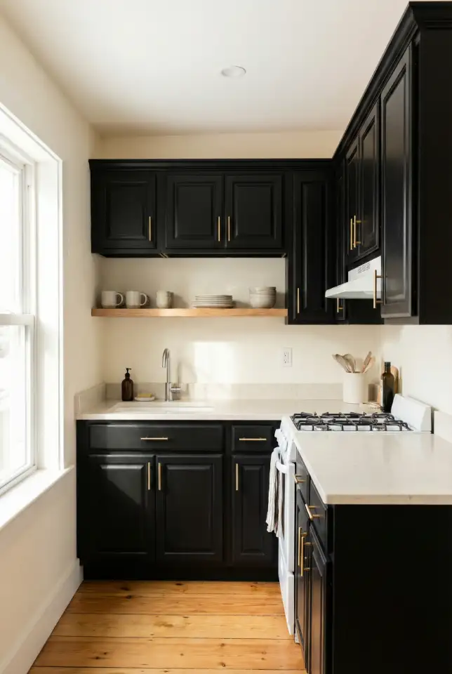 Small Kitchen Black Cabinets With Cream Balance 2