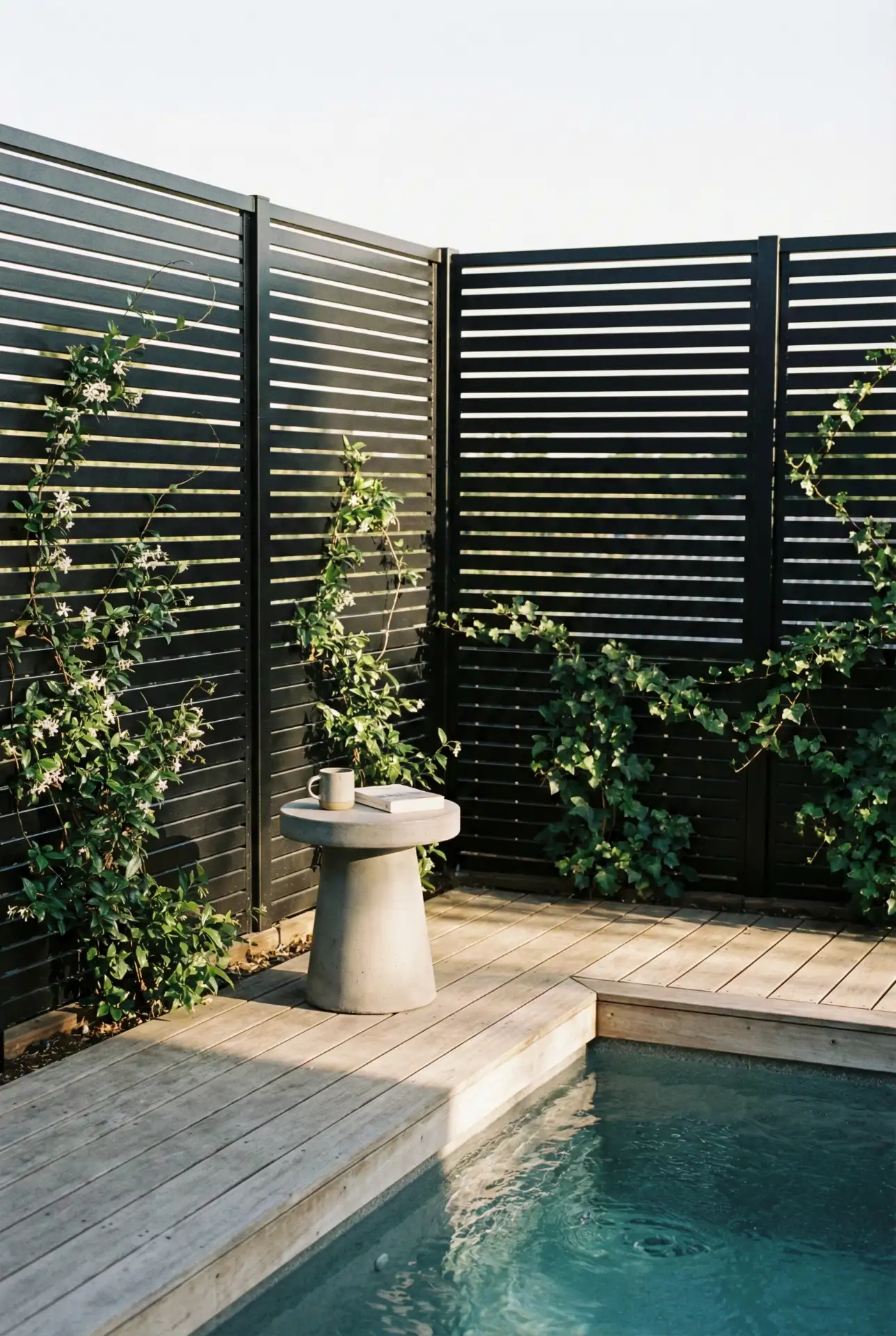Small Pool Deck With Privacy Plant Wall 1