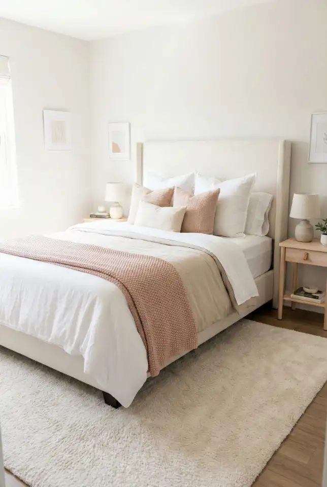 Small Room Soft Pink + Neutral “Hotel Bed” Styling 1