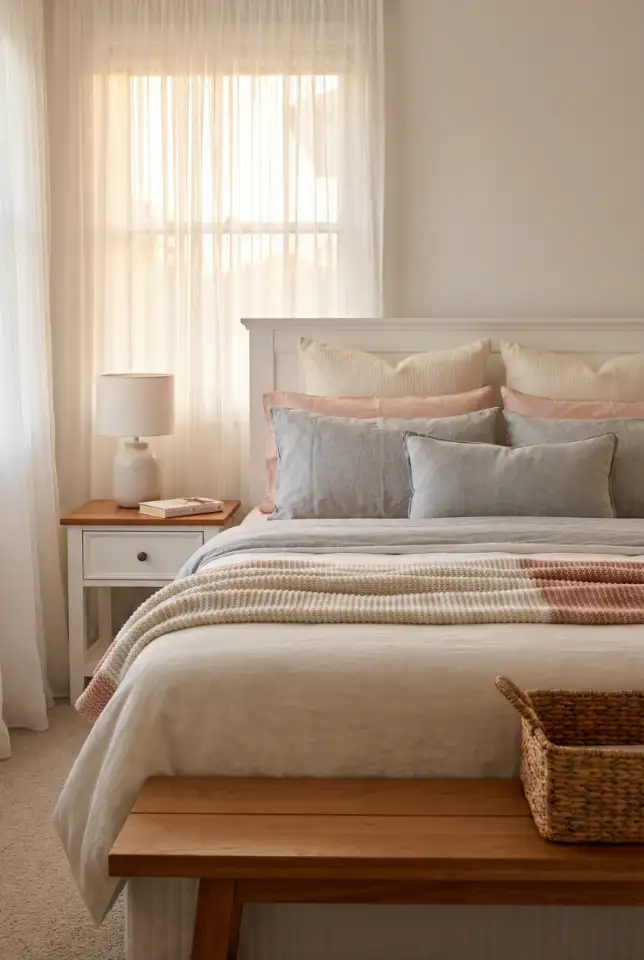 Small Room Soft Pink + Neutral “Hotel Bed” Styling 2