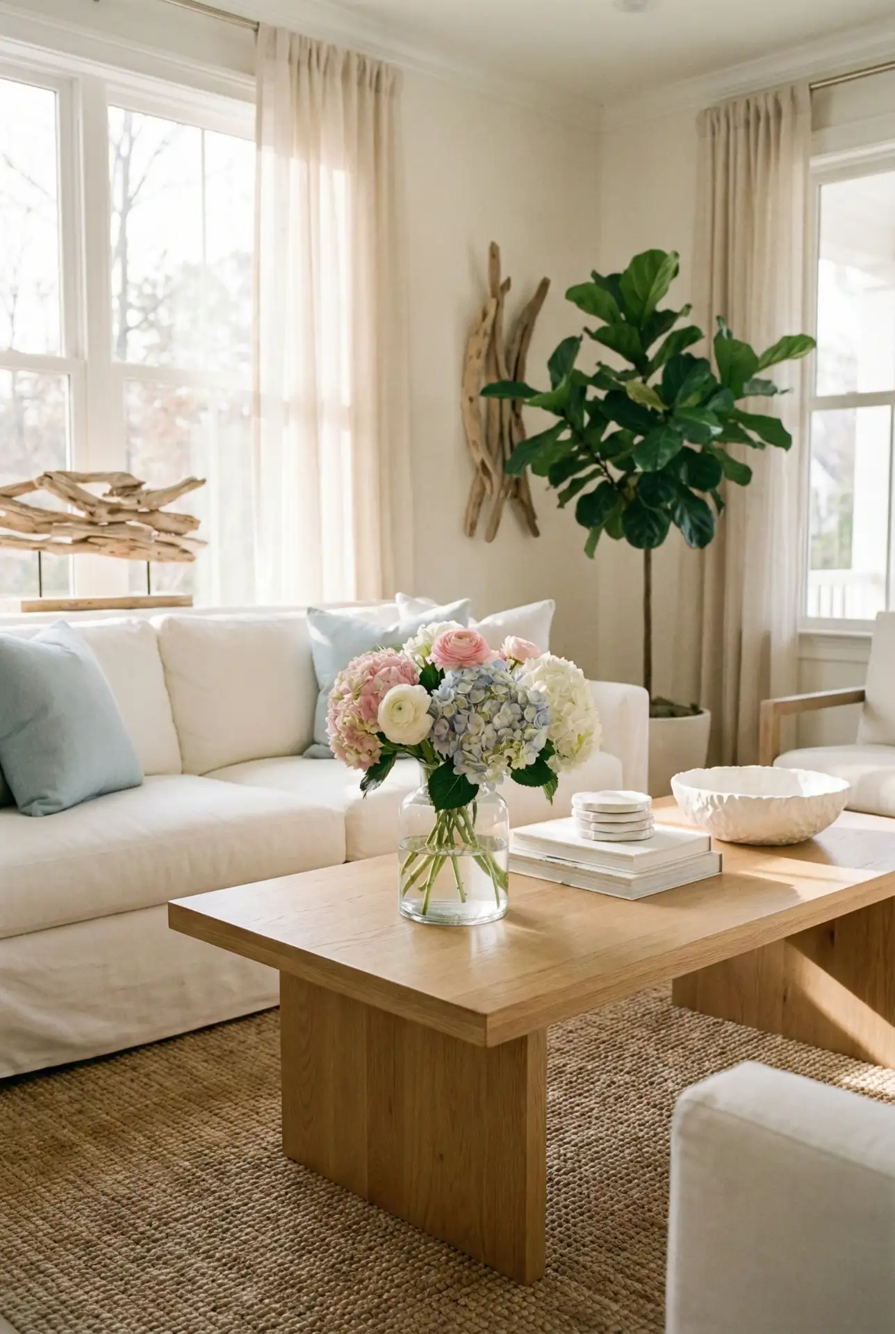 Soft Easter Coastal Table with Light Wood Layers 1