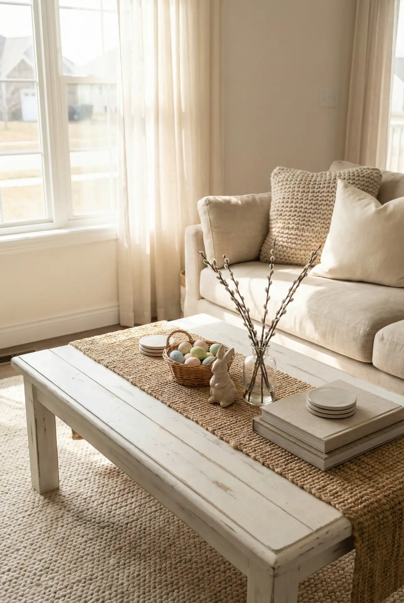 Soft Easter Coastal Table with Light Wood Layers 2