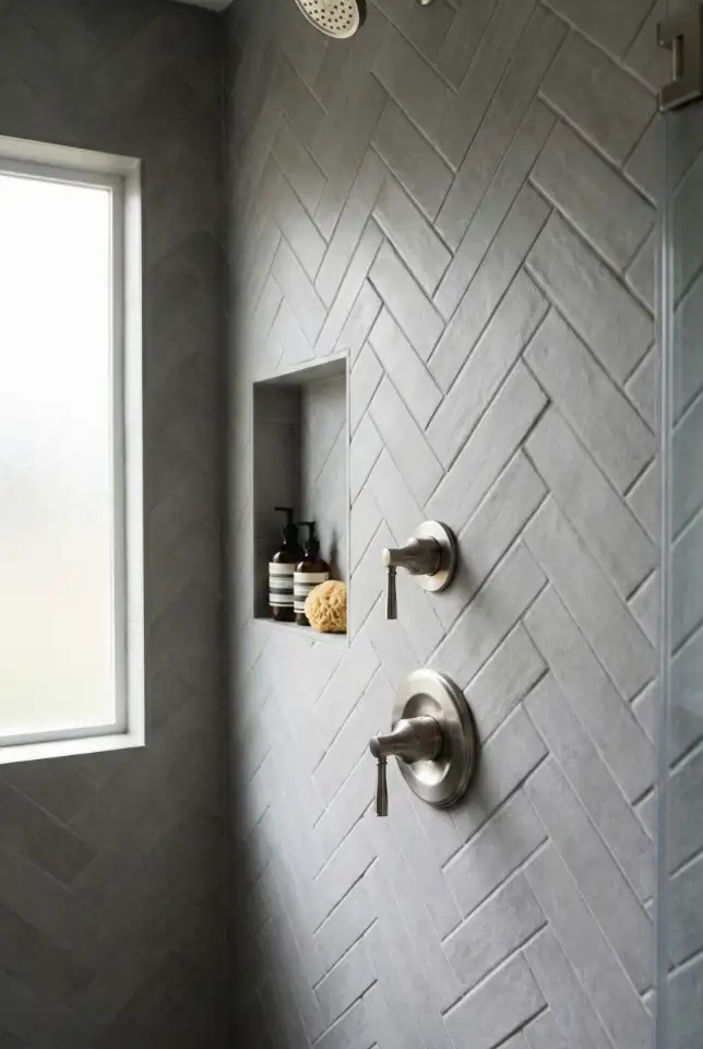 Soft Gray Herringbone Shower 2