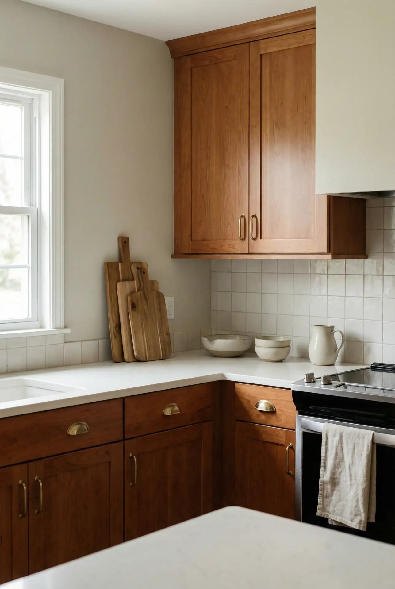 Soft Greige That Updates Cherry Cabinets Without Fighting Them 1