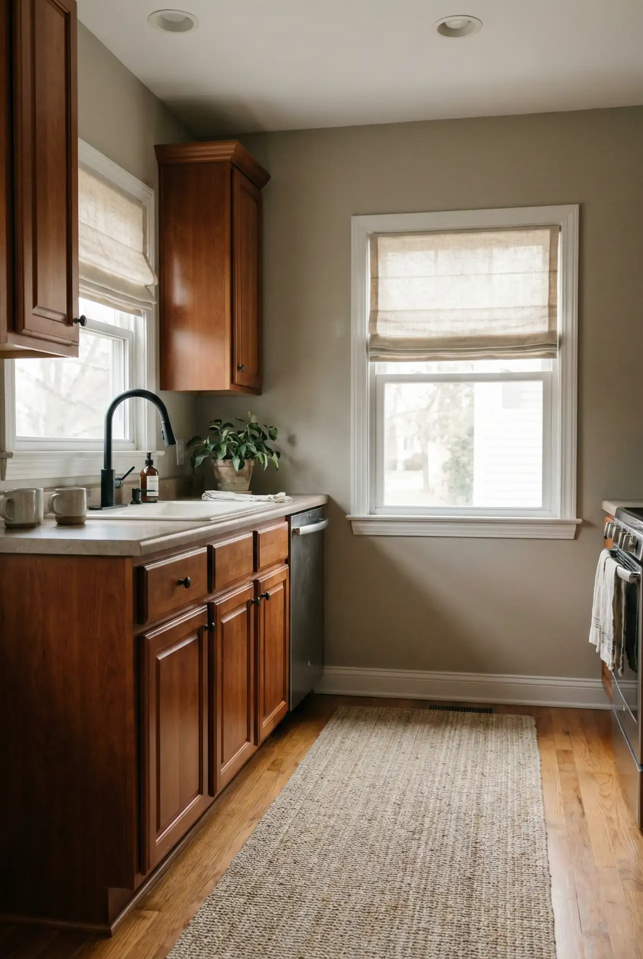 Soft Greige That Updates Cherry Cabinets Without Fighting Them 2