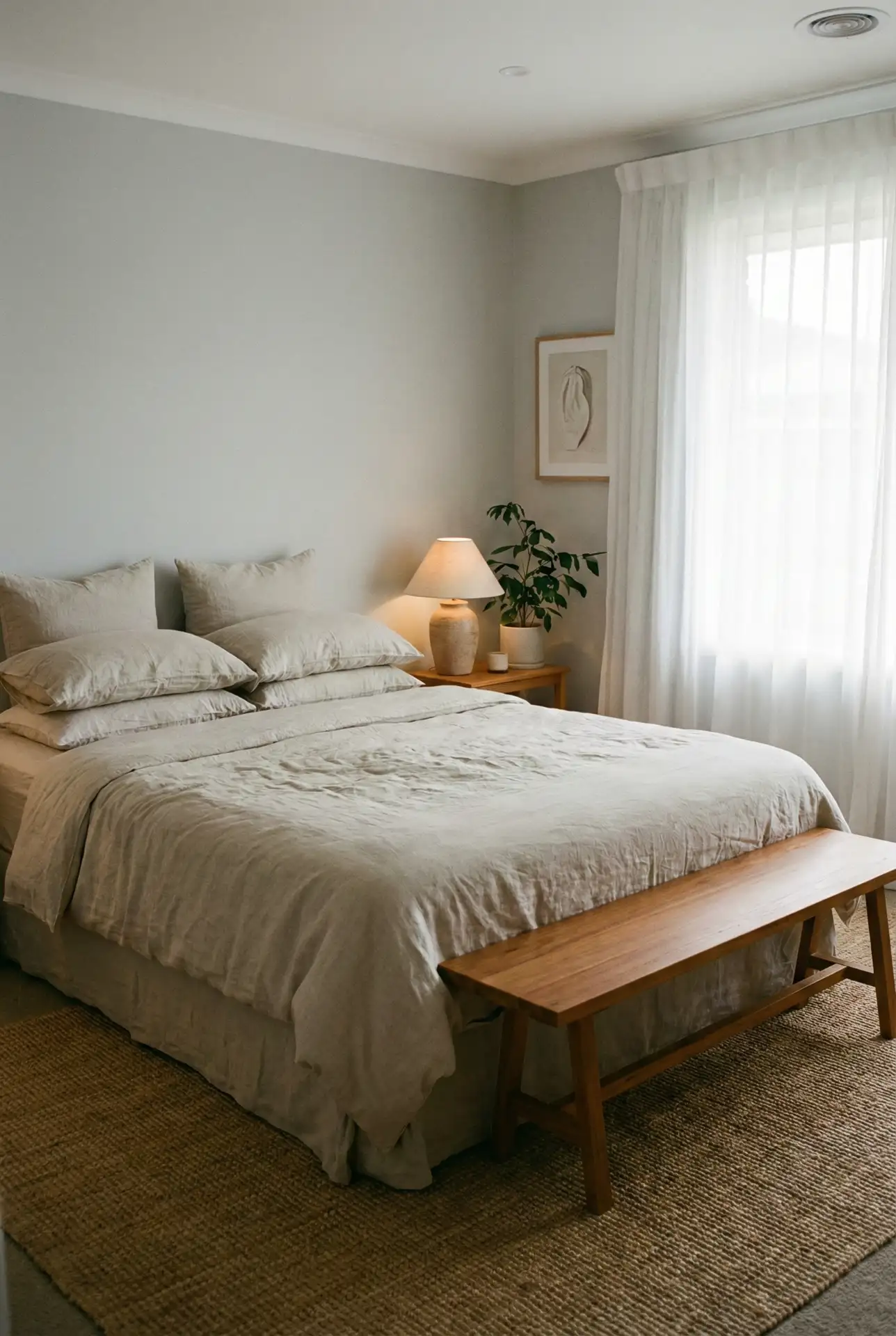 Soft Grey Walls With Layered Linen Neutrals 2